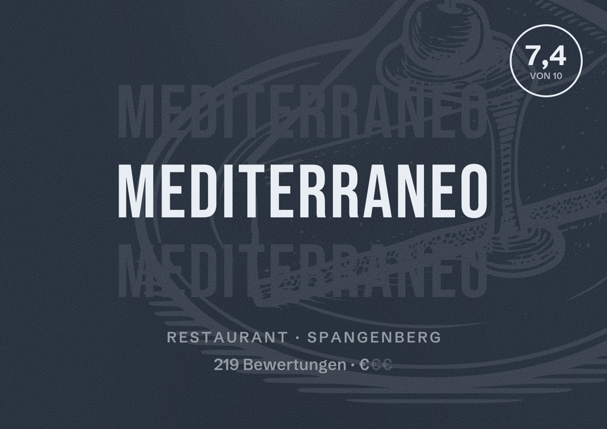 Illustriertes Poster von Mediterraneo, Restaurant in Spangenberg: Bewertung 7,4 von 10 aus 219 Bewertungen, Preisniveau €