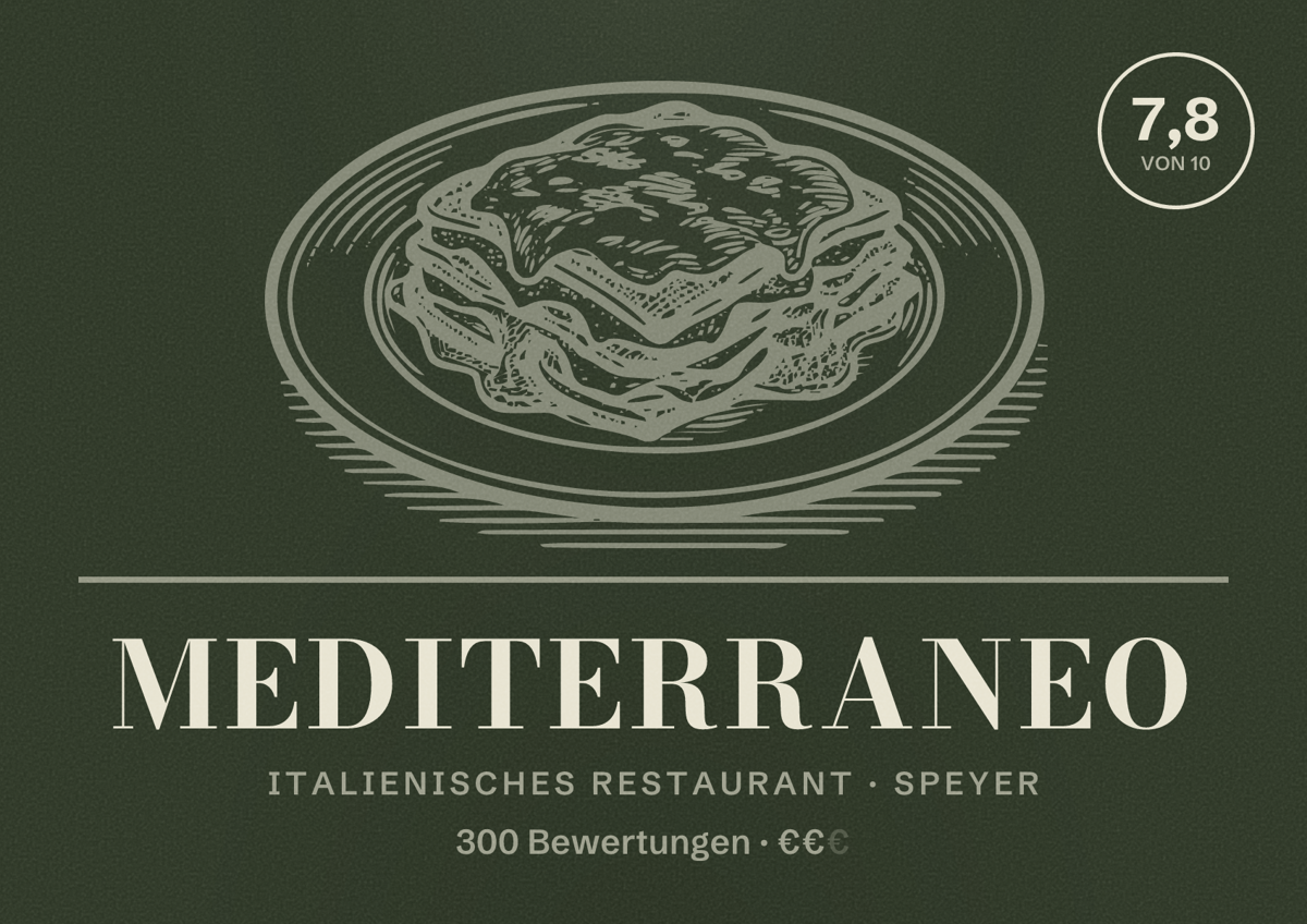 Illustriertes Poster von Mediterraneo, Italienisches Restaurant in Speyer: Bewertung 7,8 von 10 aus 300 Bewertungen, Preisniveau €€