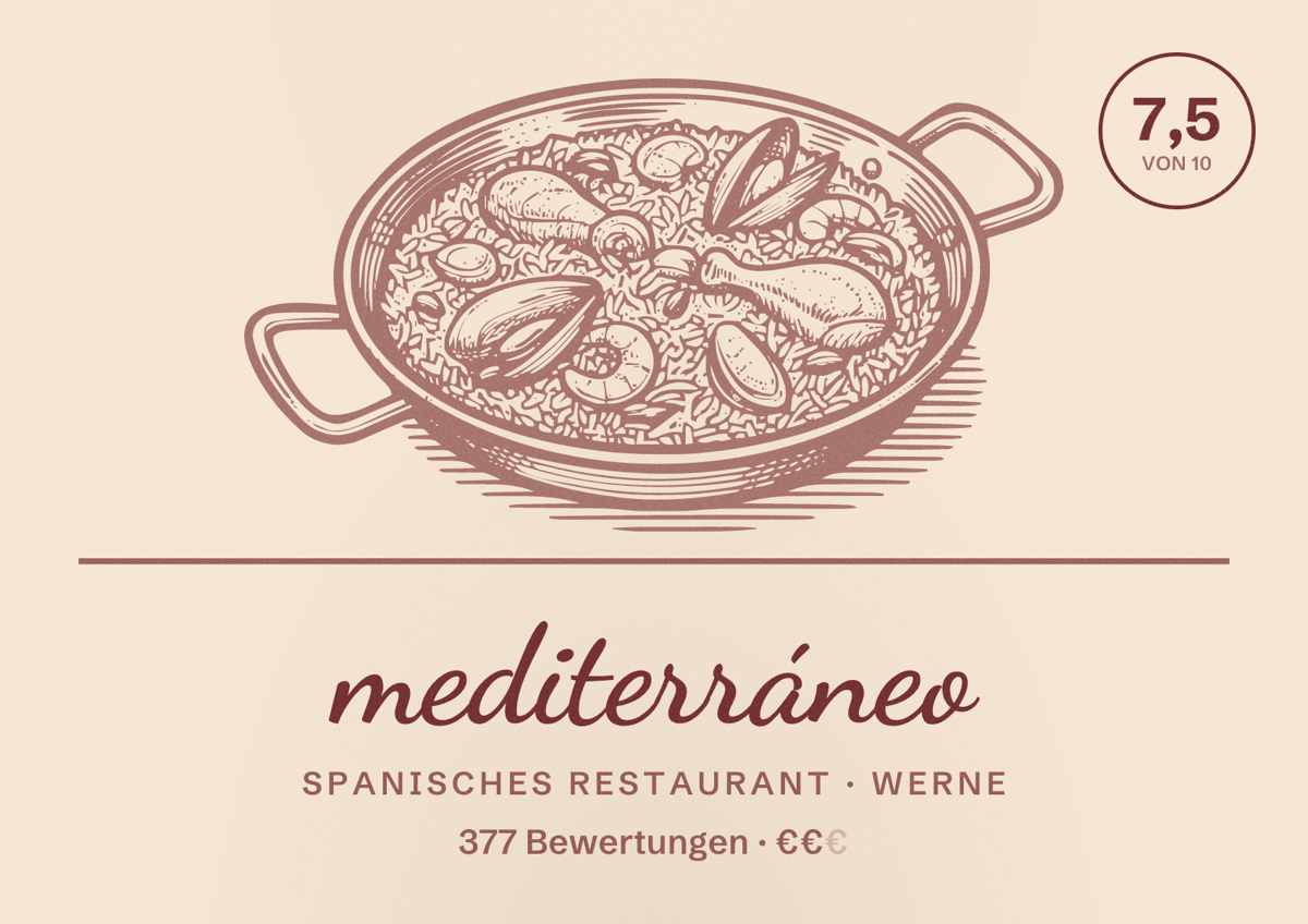 Illustriertes Poster von mediterráneo, Spanisches Restaurant in Werne: Bewertung 7,5 von 10 aus 377 Bewertungen, Preisniveau €€