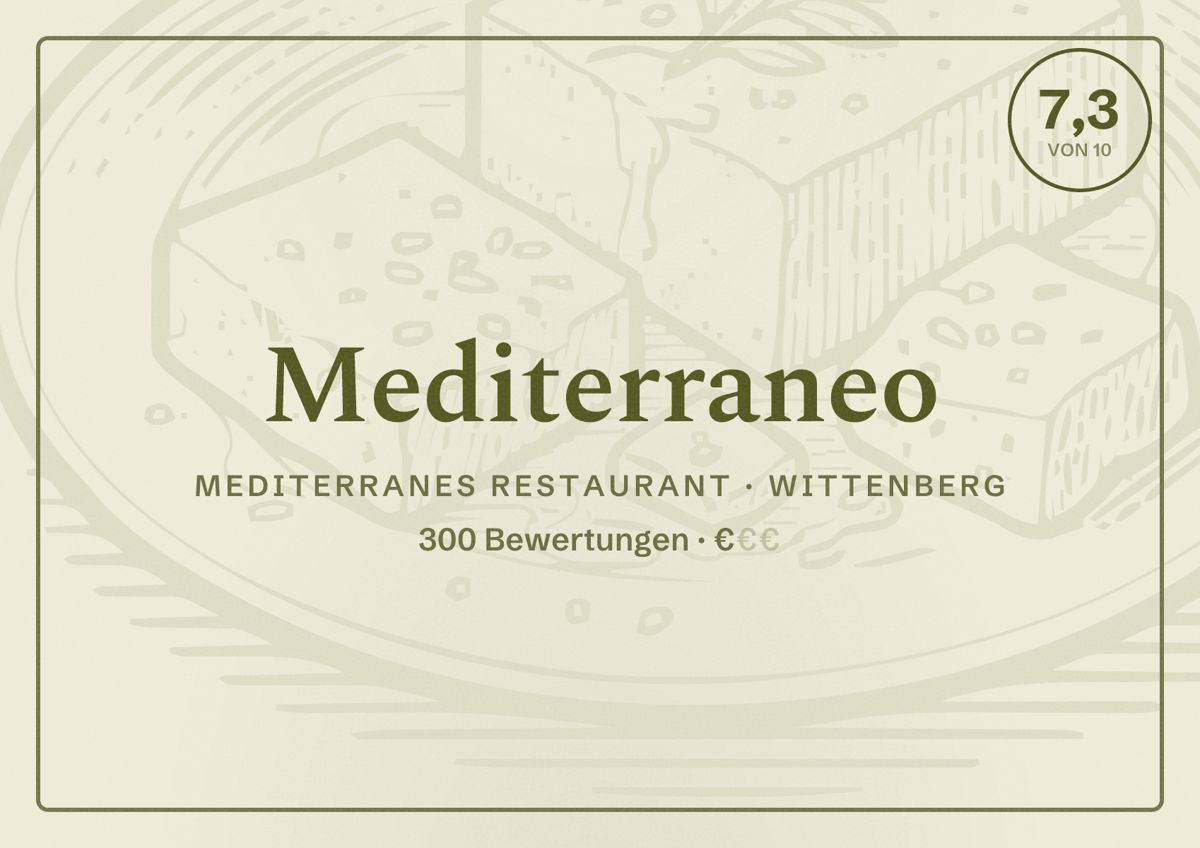 Illustriertes Poster von Mediterraneo, Mediterranes Restaurant in Wittenberg: Bewertung 7,3 von 10 aus 300 Bewertungen, Preisniveau €