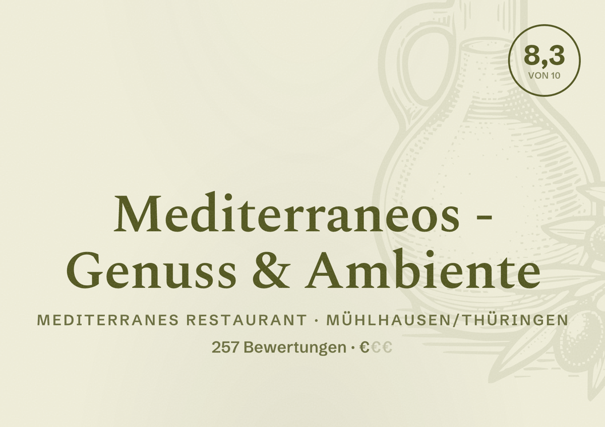 Illustriertes Poster von Mediterraneos - Genuss & Ambiente, Mediterranes Restaurant in Mühlhausen/Thüringen: Bewertung 8,3 von 10 aus 257 Bewertungen, Preisniveau €