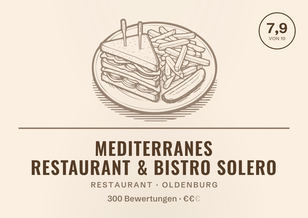 Illustriertes Poster von Mediterranes Restaurant & Bistro Solero, Restaurant in Oldenburg: Bewertung 7,9 von 10 aus 300 Bewertungen, Preisniveau €€