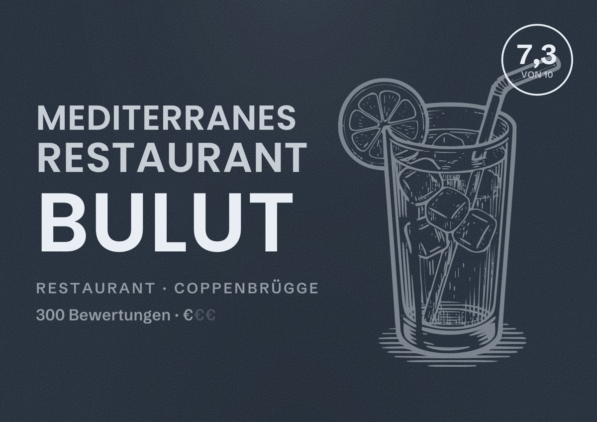 Illustriertes Poster von Mediterranes Restaurant Bulut, Restaurant in Coppenbrügge: Bewertung 7,3 von 10 aus 300 Bewertungen, Preisniveau €