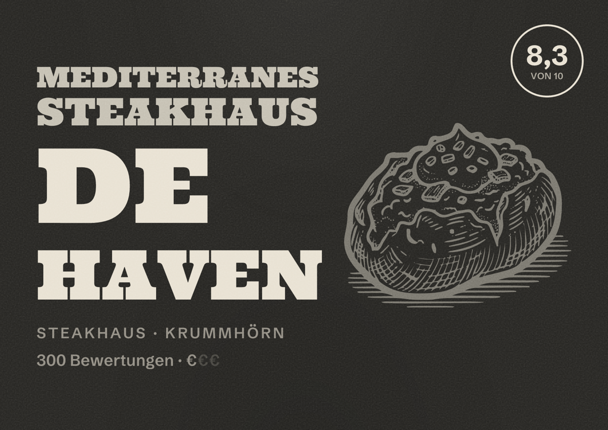 Illustriertes Poster von Mediterranes Steakhaus De Haven, Steakhaus in Krummhörn: Bewertung 8,3 von 10 aus 300 Bewertungen, Preisniveau €