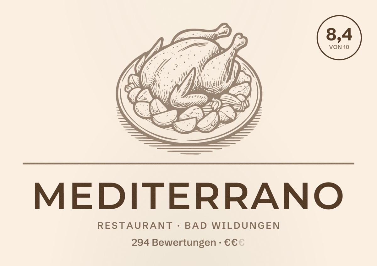 Illustriertes Poster von Mediterrano, Restaurant in Bad Wildungen: Bewertung 8,4 von 10 aus 294 Bewertungen, Preisniveau €€