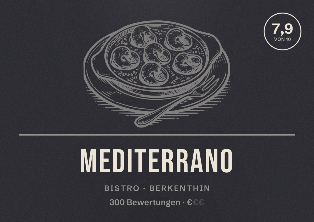 Illustriertes Poster von Mediterrano, Bistro in Berkenthin: Bewertung 7,9 von 10 aus 300 Bewertungen, Preisniveau €