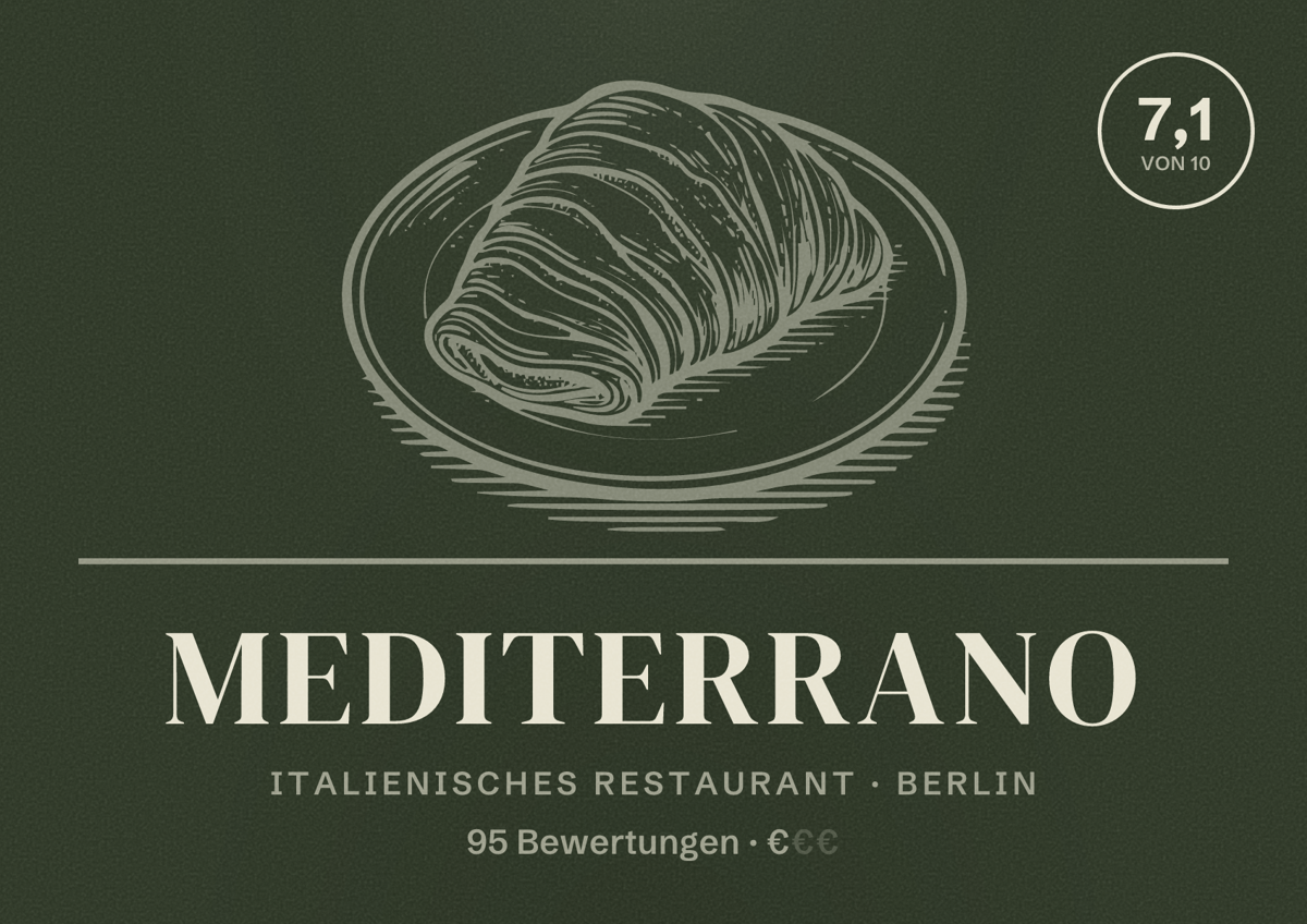 Illustriertes Poster von Mediterrano, Italienisches Restaurant in Berlin: Bewertung 7,1 von 10 aus 95 Bewertungen, Preisniveau €