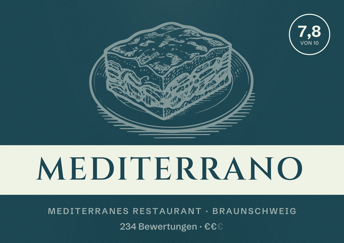 Illustriertes Poster von Mediterrano, Mediterranes Restaurant in Braunschweig: Bewertung 7,8 von 10 aus 234 Bewertungen, Preisniveau €€