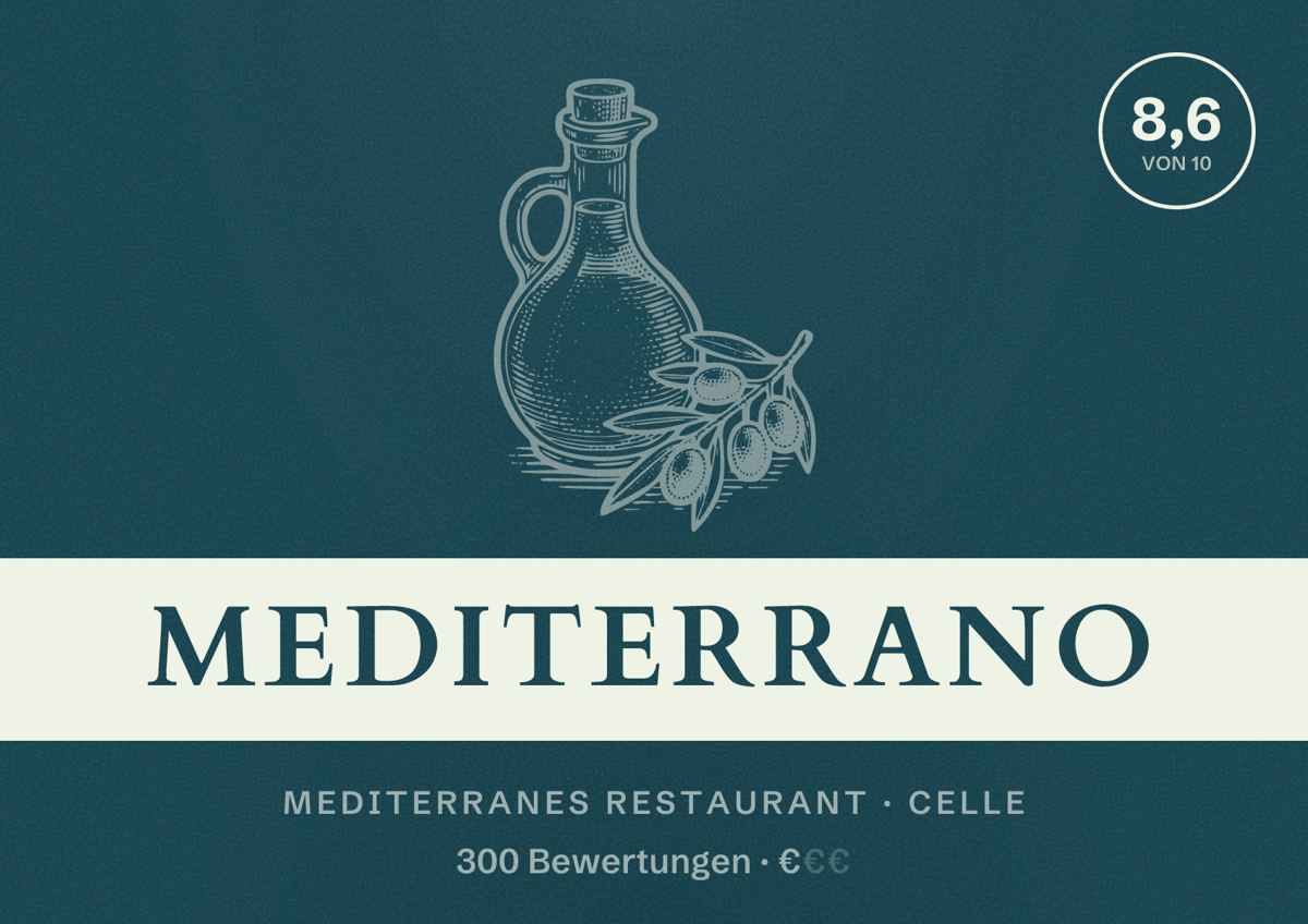 Illustriertes Poster von Mediterrano, Mediterranes Restaurant in Celle: Bewertung 8,6 von 10 aus 300 Bewertungen, Preisniveau €
