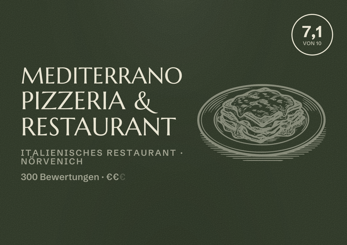 Illustriertes Poster von Mediterrano Pizzeria & Restaurant, Italienisches Restaurant in Nörvenich: Bewertung 7,1 von 10 aus 300 Bewertungen, Preisniveau €€