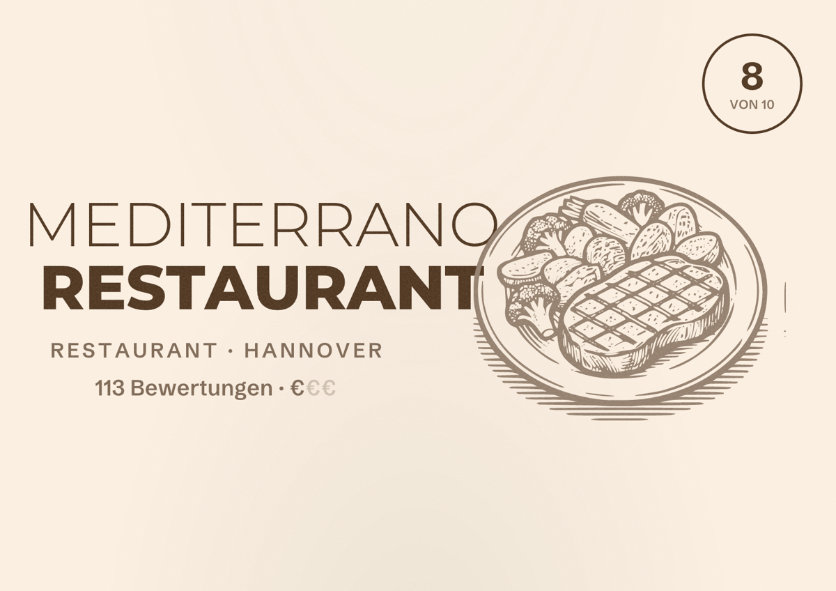 Illustriertes Poster von MEDITERRANO RESTAURANT, Restaurant in Hannover: Bewertung 8 von 10 aus 113 Bewertungen, Preisniveau €