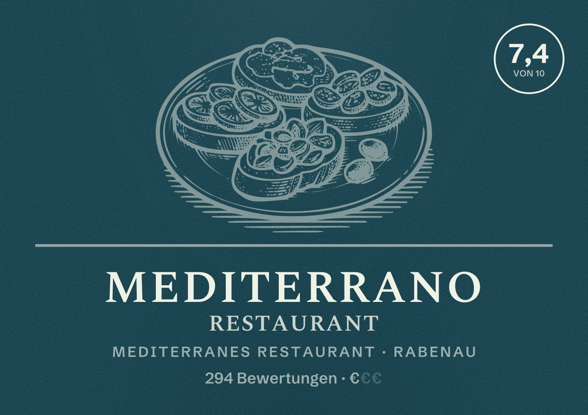 Illustriertes Poster von Mediterrano Restaurant, Mediterranes Restaurant in Rabenau: Bewertung 7,4 von 10 aus 294 Bewertungen, Preisniveau €