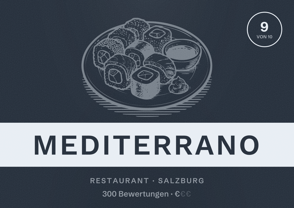 Illustriertes Poster von Mediterrano, Restaurant in Salzburg: Bewertung 9 von 10 aus 300 Bewertungen, Preisniveau €