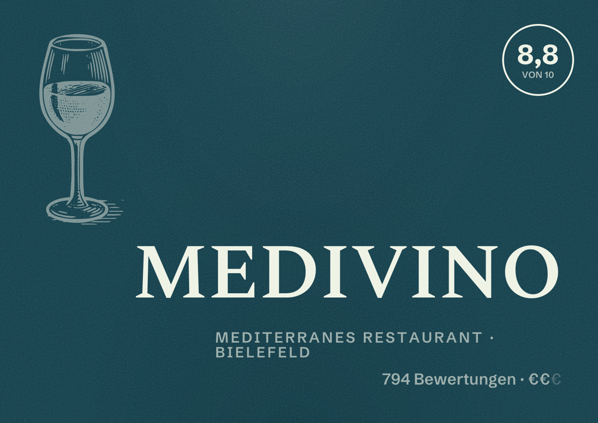 Illustriertes Poster von MEDIVINO, Mediterranes Restaurant in Bielefeld: Bewertung 8,8 von 10 aus 794 Bewertungen, Preisniveau €€