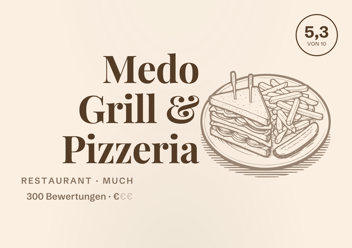 Illustriertes Poster von Medo Grill & Pizzeria, Restaurant in Much: Bewertung 5,3 von 10 aus 300 Bewertungen, Preisniveau €