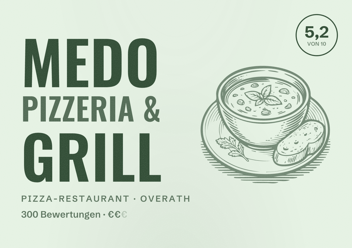 Illustriertes Poster von Medo Pizzeria & Grill, Pizza-Restaurant in Overath: Bewertung 5,2 von 10 aus 300 Bewertungen, Preisniveau €€