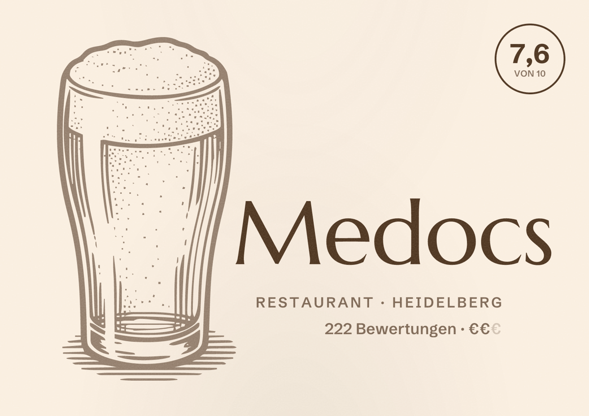 Illustriertes Poster von Medocs, Restaurant in Heidelberg: Bewertung 7,6 von 10 aus 222 Bewertungen, Preisniveau €€