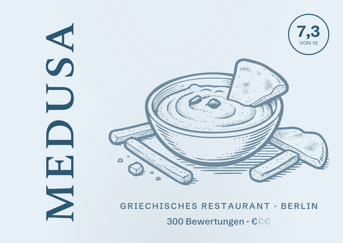 Illustriertes Poster von Medusa, Griechisches Restaurant in Berlin: Bewertung 7,3 von 10 aus 300 Bewertungen, Preisniveau €