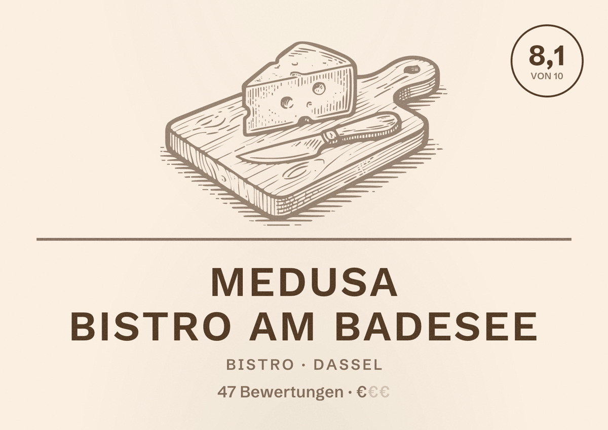 Illustriertes Poster von Medusa Bistro am Badesee, Bistro in Dassel: Bewertung 8,1 von 10 aus 47 Bewertungen, Preisniveau €