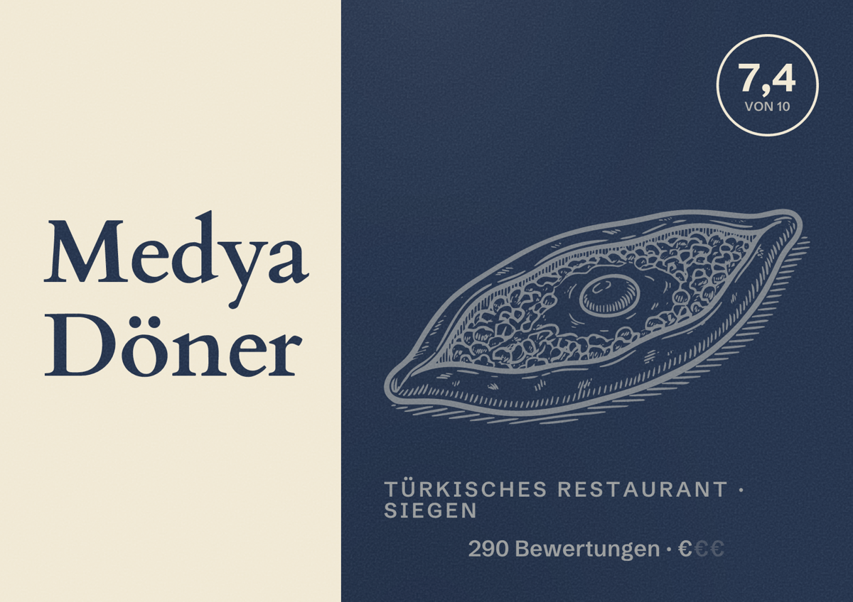 Illustriertes Poster von Medya Döner, Türkisches Restaurant in Siegen: Bewertung 7,4 von 10 aus 290 Bewertungen, Preisniveau €