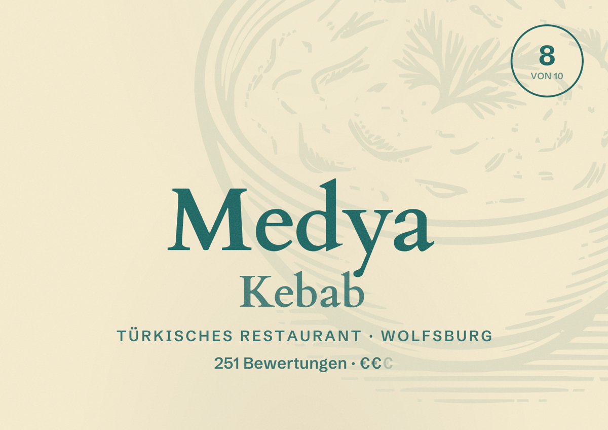 Illustriertes Poster von Medya Kebab, Türkisches Restaurant in Wolfsburg: Bewertung 8,0 von 10 aus 251 Bewertungen, Preisniveau €€