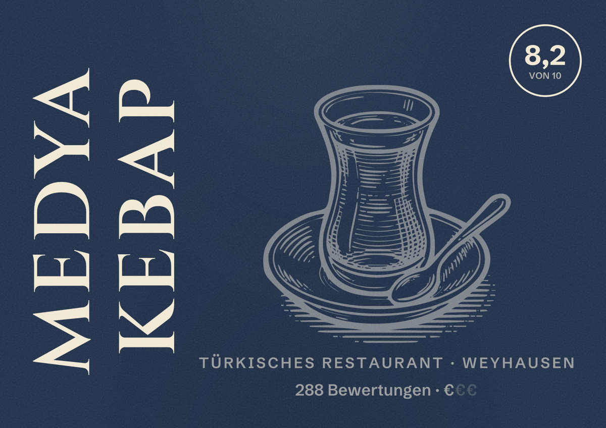 Illustriertes Poster von Medya Kebap, Türkisches Restaurant in Weyhausen: Bewertung 8,2 von 10 aus 288 Bewertungen, Preisniveau €