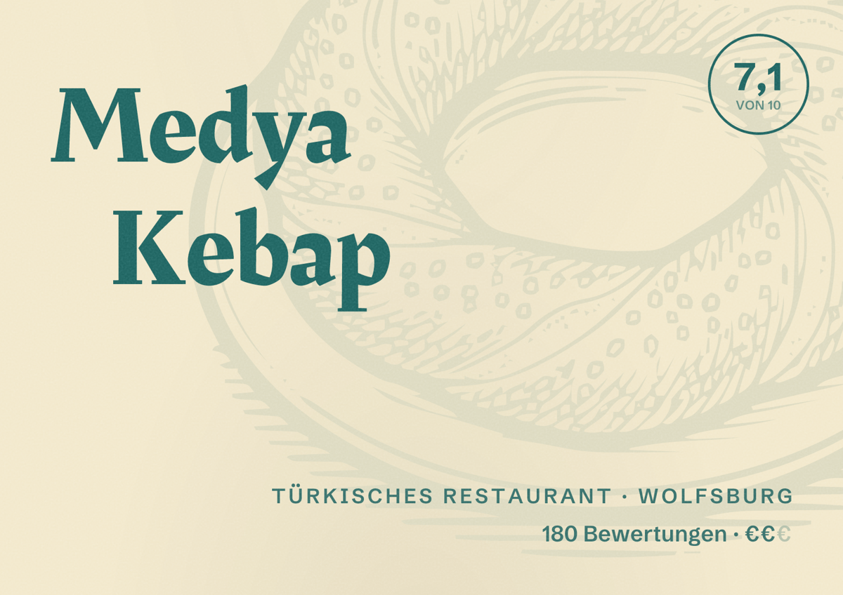 Illustriertes Poster von Medya Kebap, Türkisches Restaurant in Wolfsburg: Bewertung 7,1 von 10 aus 180 Bewertungen, Preisniveau €€
