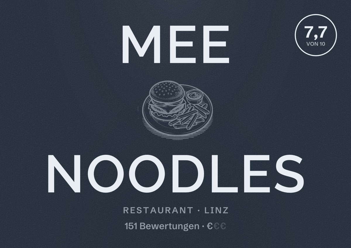 Illustriertes Poster von Mee Noodles, Restaurant in Linz: Bewertung 7,7 von 10 aus 151 Bewertungen, Preisniveau €