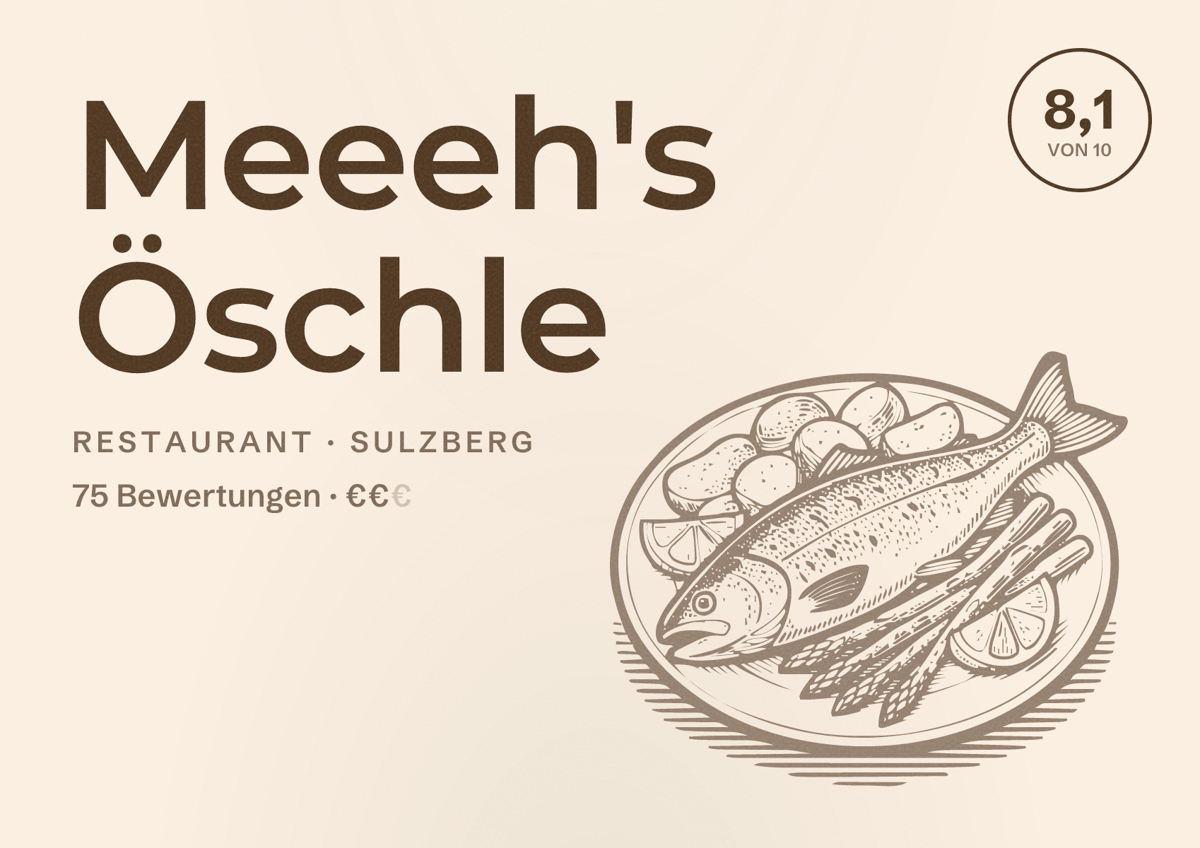 Illustriertes Poster von Meeeh's Öschle, Restaurant in Sulzberg: Bewertung 8,1 von 10 aus 75 Bewertungen, Preisniveau €€