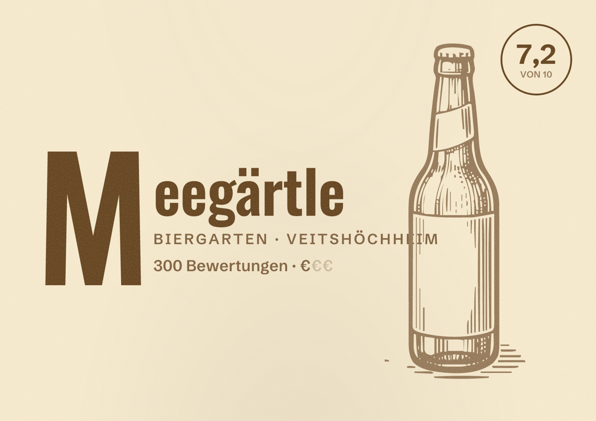 Illustriertes Poster von Meegärtle, Biergarten in Veitshöchheim: Bewertung 7,2 von 10 aus 300 Bewertungen, Preisniveau €