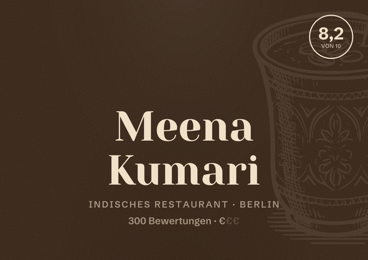 Illustriertes Poster von Meena Kumari, Indisches Restaurant in Berlin: Bewertung 8,2 von 10 aus 300 Bewertungen, Preisniveau €