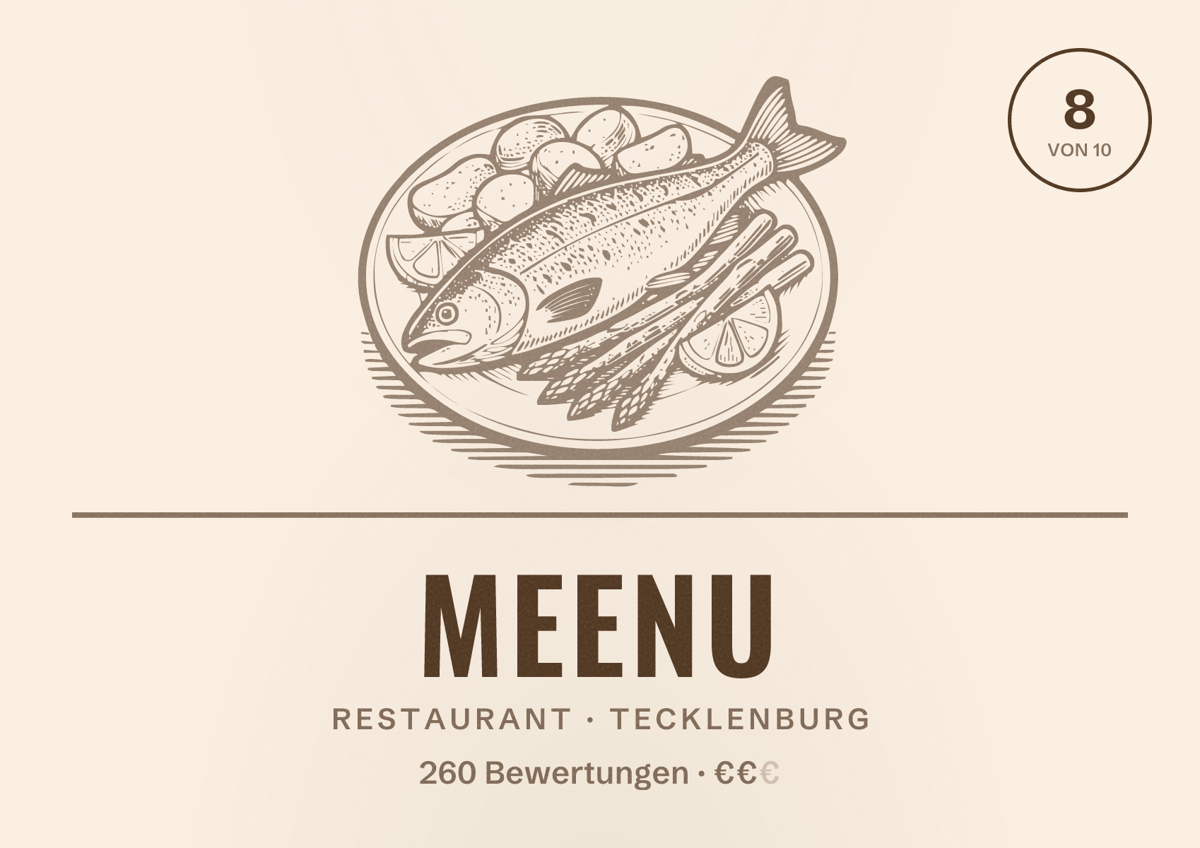 Illustriertes Poster von meenu, Restaurant in Tecklenburg: Bewertung 8 von 10 aus 260 Bewertungen, Preisniveau €€