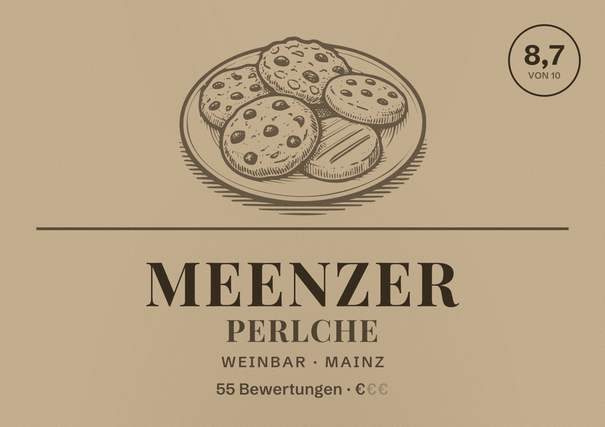 Illustriertes Poster von Meenzer Perlche, Weinbar in Mainz: Bewertung 8,7 von 10 aus 55 Bewertungen, Preisniveau €