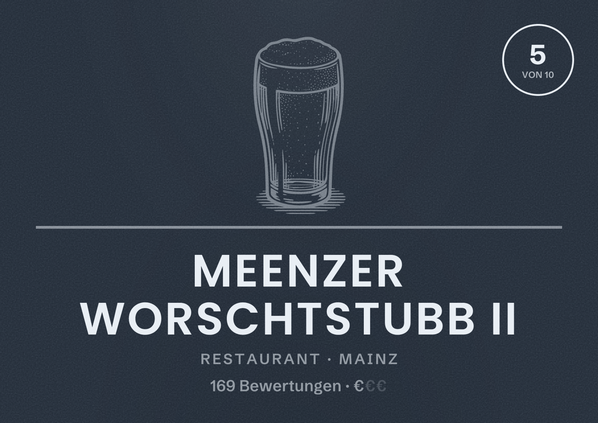 Illustriertes Poster von Meenzer Worschtstubb II, Restaurant in Mainz: Bewertung 5 von 10 aus 169 Bewertungen, Preisniveau €