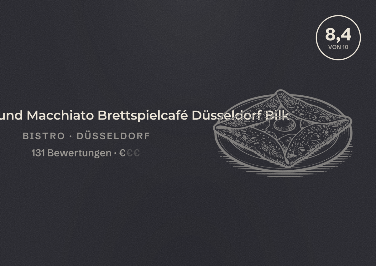 Illustriertes Poster von Meeple und Macchiato Brettspielcafé Düsseldorf Bilk, Bistro in Düsseldorf: Bewertung 8,4 von 10 aus 131 Bewertungen, Preisniveau €