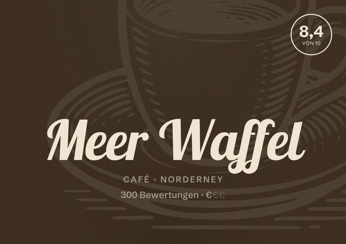Illustriertes Poster von Meer Waffel, Café in Norderney: Bewertung 8,4 von 10 aus 300 Bewertungen, Preisniveau €