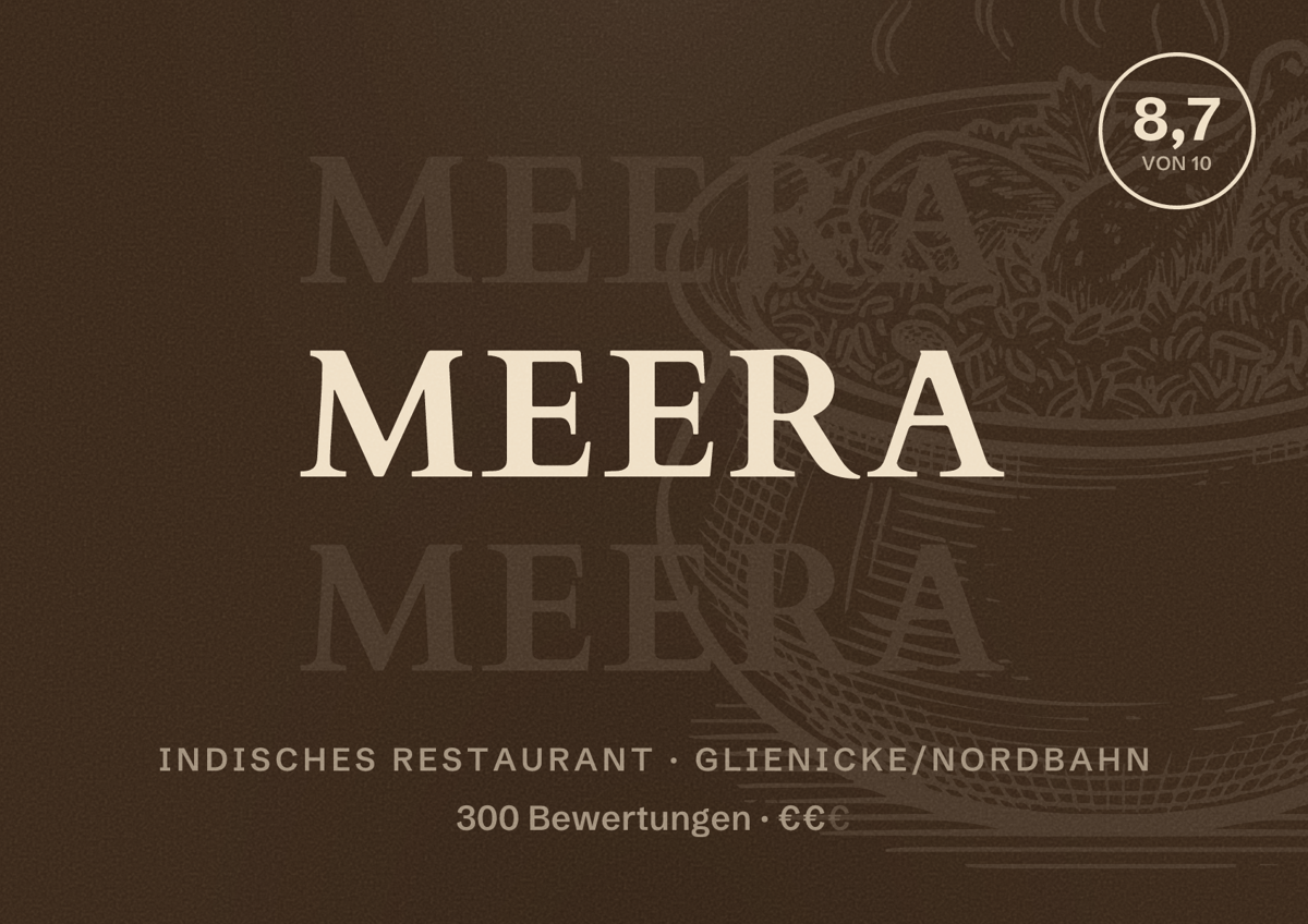 Illustriertes Poster von Meera, Indisches Restaurant in Glienicke/Nordbahn: Bewertung 8,7 von 10 aus 300 Bewertungen, Preisniveau €€