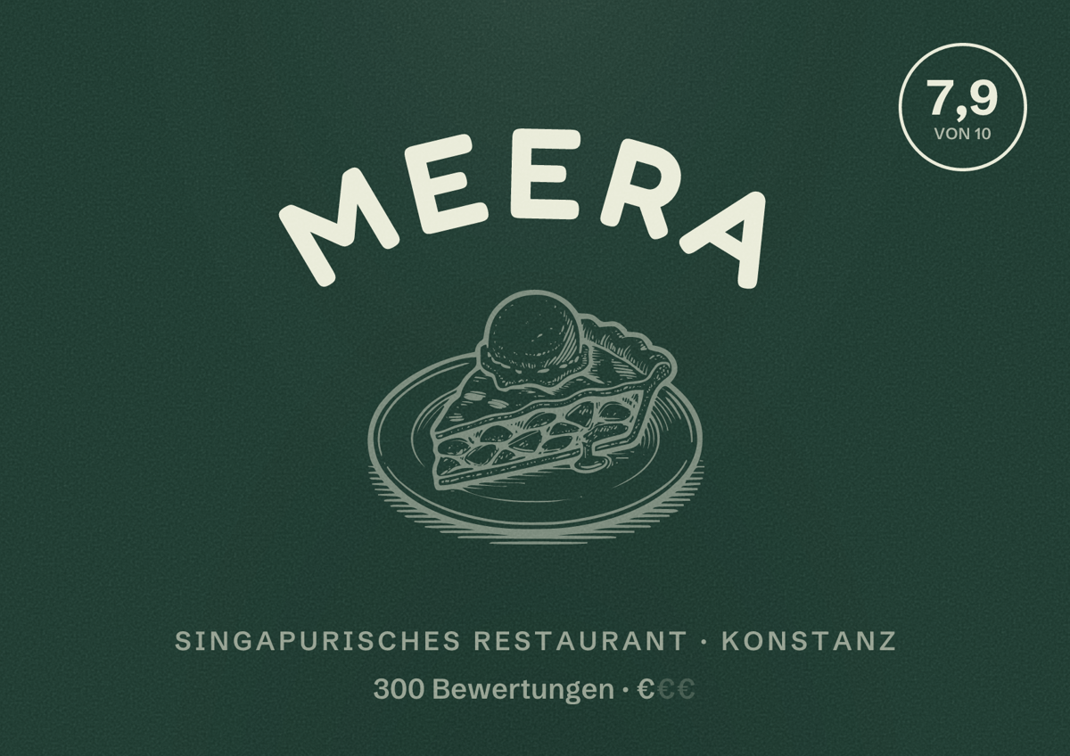 Illustriertes Poster von Meera, Singapurisches Restaurant in Konstanz: Bewertung 7,9 von 10 aus 300 Bewertungen, Preisniveau €