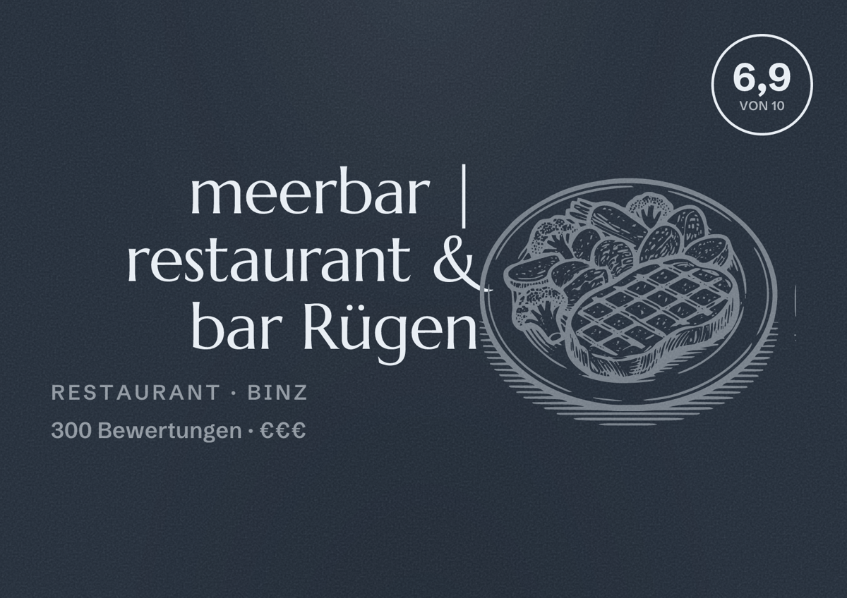 Illustriertes Poster von meerbar | restaurant & bar Rügen, Restaurant in Binz: Bewertung 6,9 von 10 aus 300 Bewertungen, Preisniveau €€€