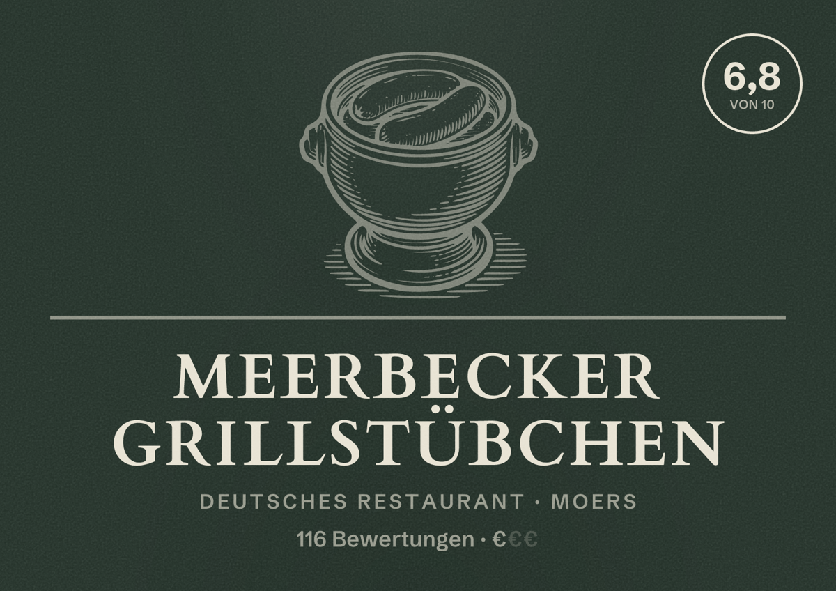 Illustriertes Poster von Meerbecker Grillstübchen, Deutsches Restaurant in Moers: Bewertung 6,8 von 10 aus 116 Bewertungen, Preisniveau €