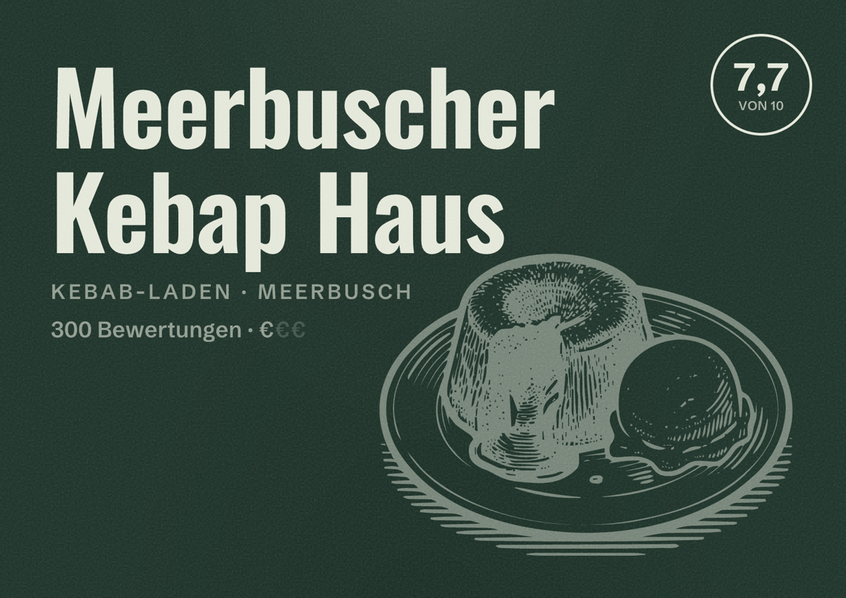 Illustriertes Poster von Meerbuscher Kebap Haus, Kebab-Laden in Meerbusch: Bewertung 7,7 von 10 aus 300 Bewertungen, Preisniveau €