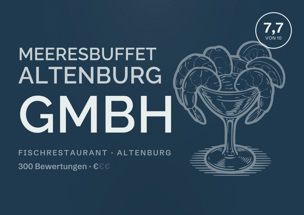 Illustriertes Poster von Meeresbuffet Altenburg GmbH, Fischrestaurant in Altenburg: Bewertung 7,7 von 10 aus 300 Bewertungen, Preisniveau €