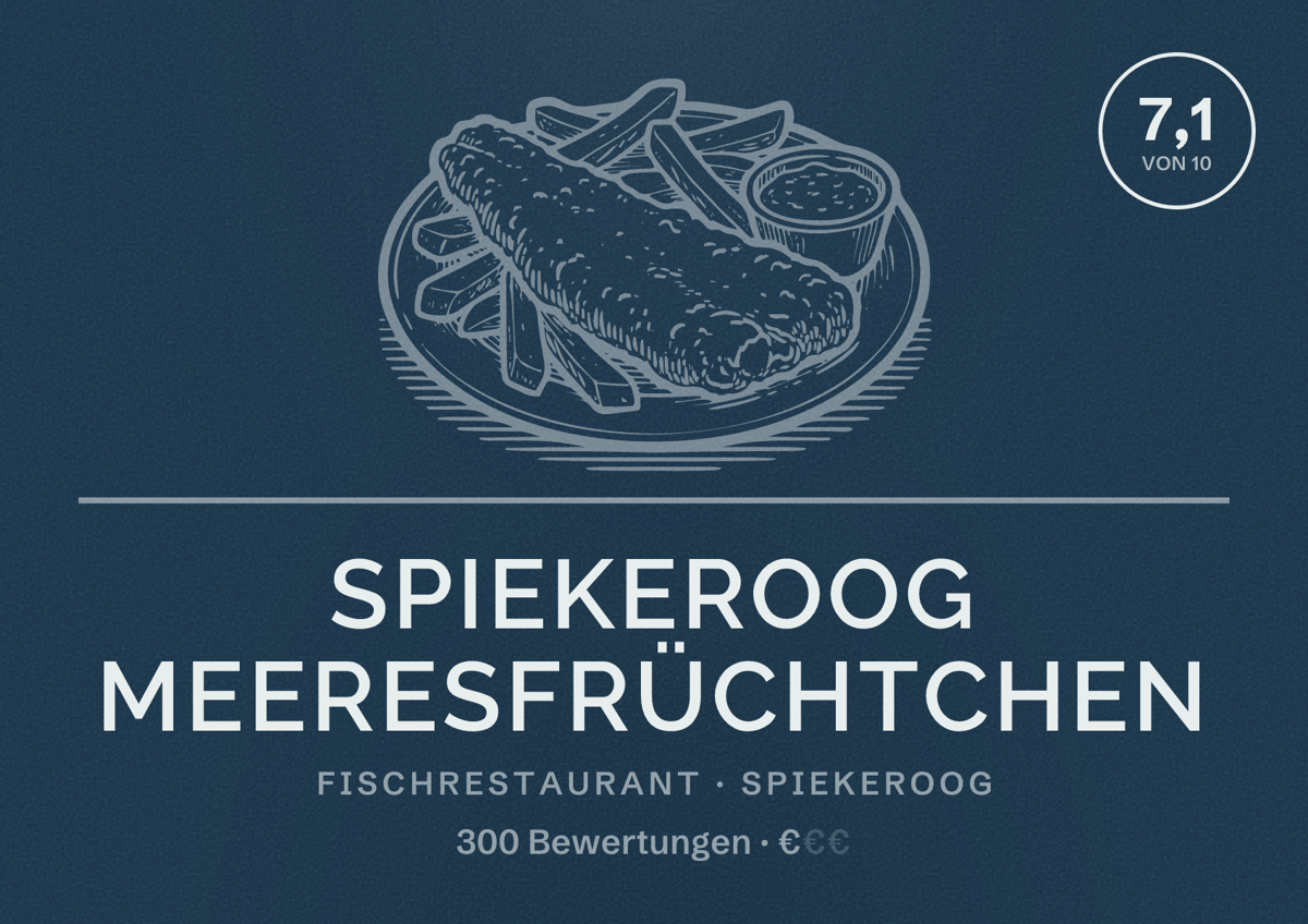 Illustriertes Poster von Spiekeroog Meeresfrüchtchen, Fischrestaurant in Spiekeroog: Bewertung 7,1 von 10 aus 300 Bewertungen, Preisniveau €