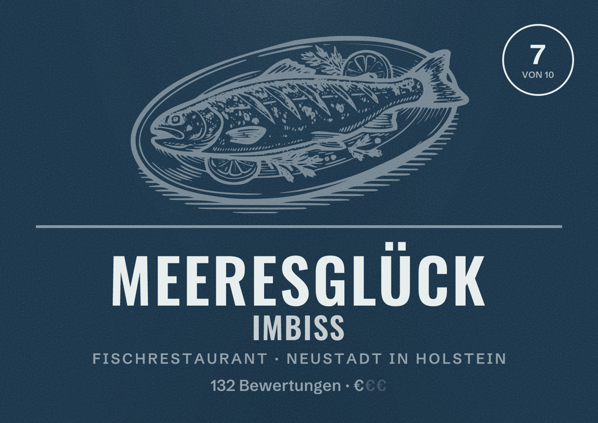 Illustriertes Poster von Meeresglück Imbiss, Fischrestaurant in Neustadt in Holstein: Bewertung 7 von 10 aus 132 Bewertungen, Preisniveau €