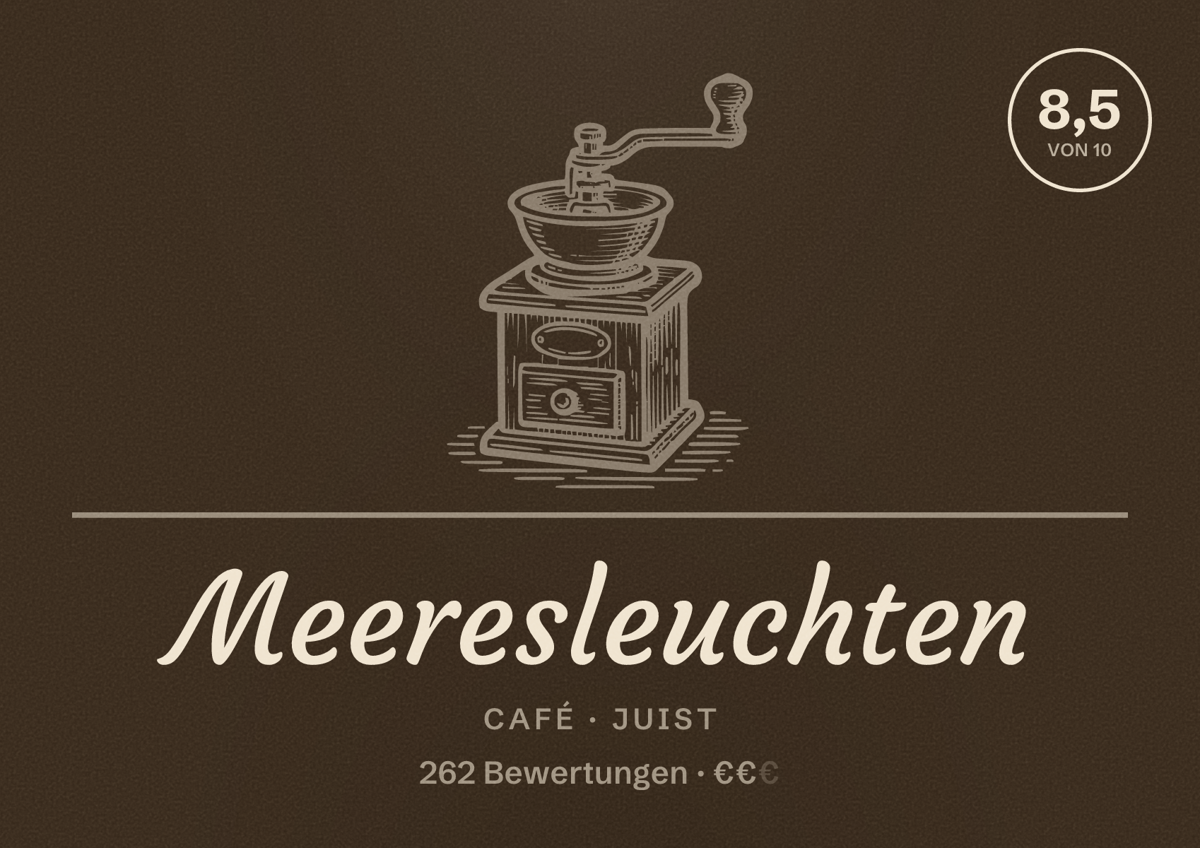 Illustriertes Poster von Meeresleuchten, Café in Juist: Bewertung 8,5 von 10 aus 262 Bewertungen, Preisniveau €€