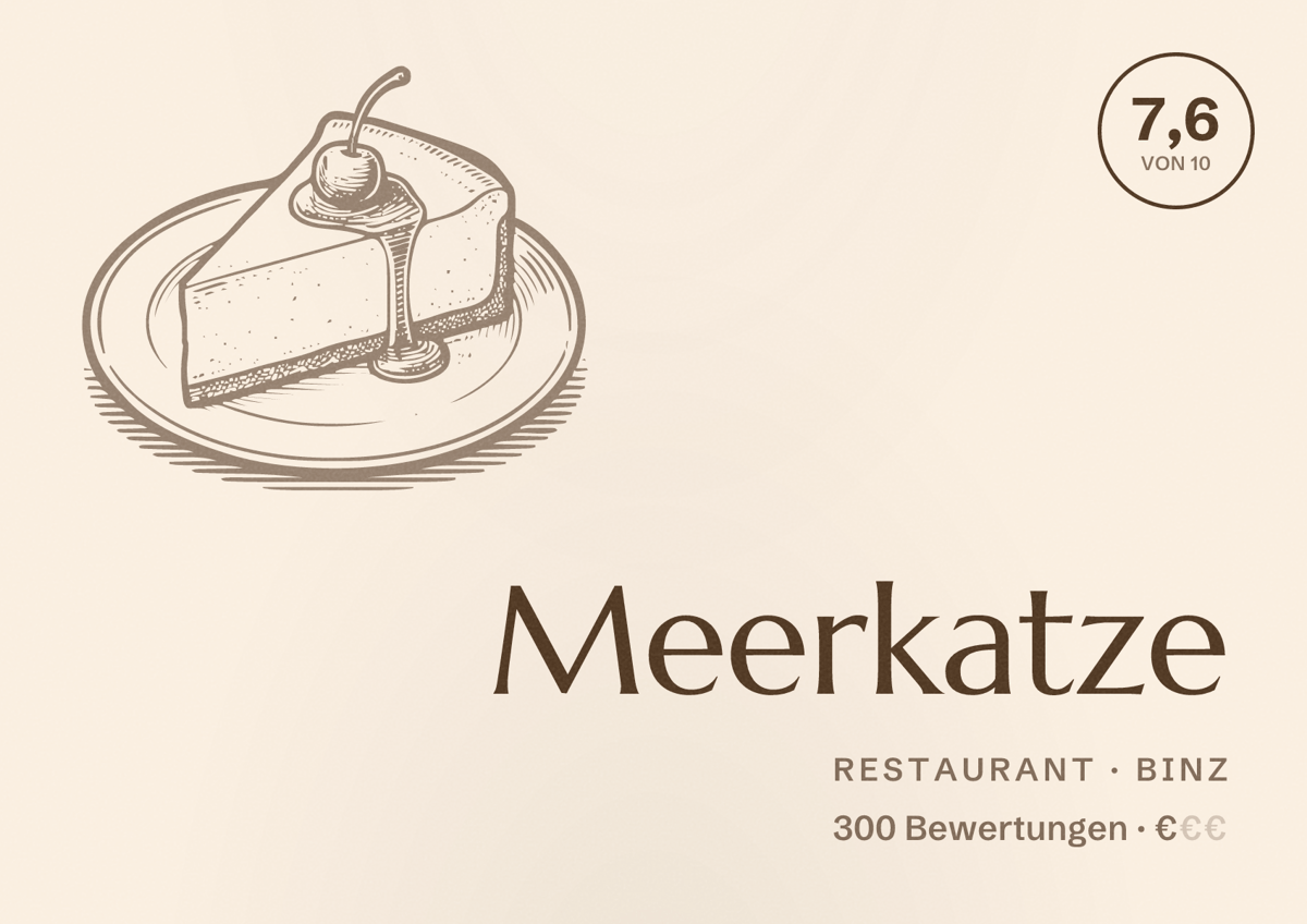 Illustriertes Poster von Meerkatze, Restaurant in Binz: Bewertung 7,6 von 10 aus 300 Bewertungen, Preisniveau €