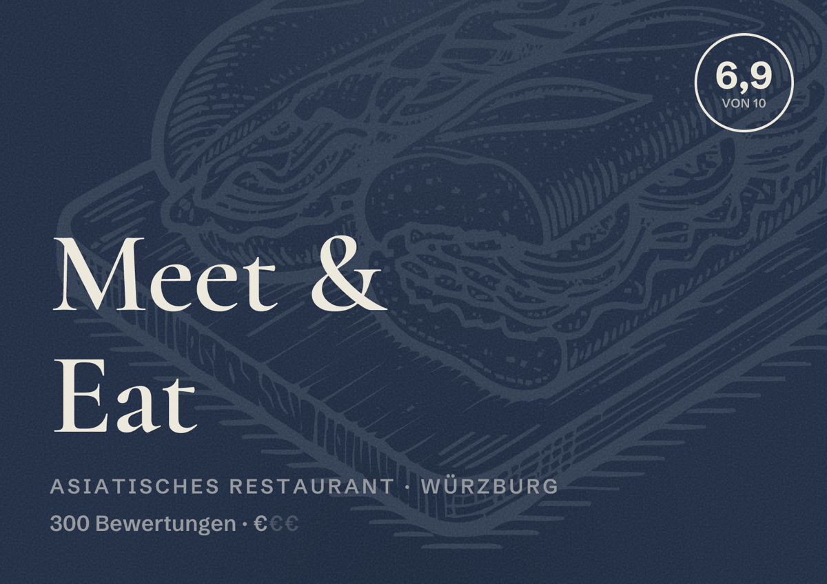 Illustriertes Poster von Meet & Eat, Asiatisches Restaurant in Würzburg: Bewertung 6,9 von 10 aus 300 Bewertungen, Preisniveau €