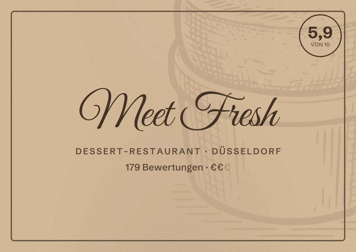 Illustriertes Poster von Meet Fresh, Dessert-Restaurant in Düsseldorf: Bewertung 5,9 von 10 aus 179 Bewertungen, Preisniveau €€