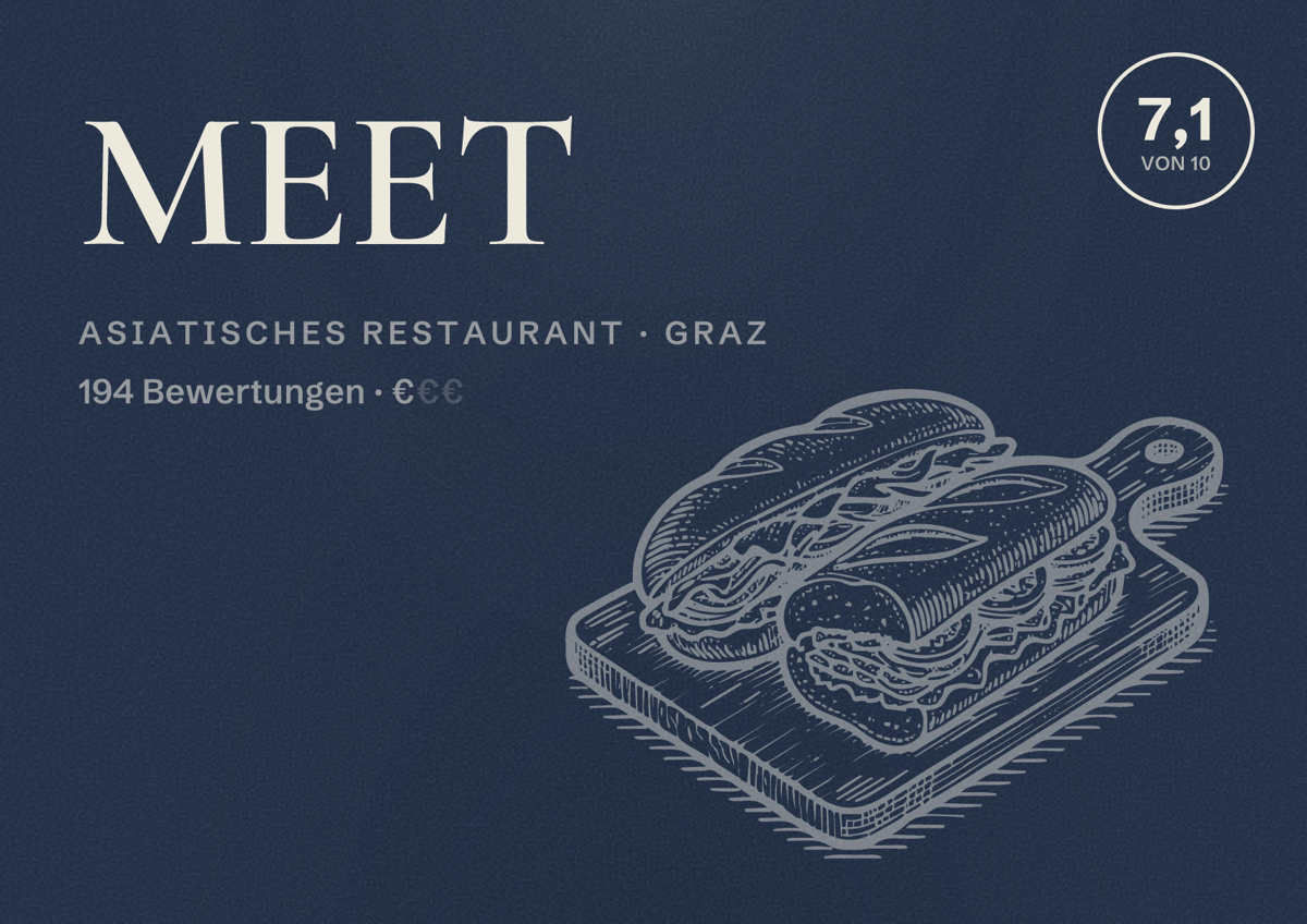 Illustriertes Poster von MEET, Asiatisches Restaurant in Graz: Bewertung 7,1 von 10 aus 194 Bewertungen, Preisniveau €