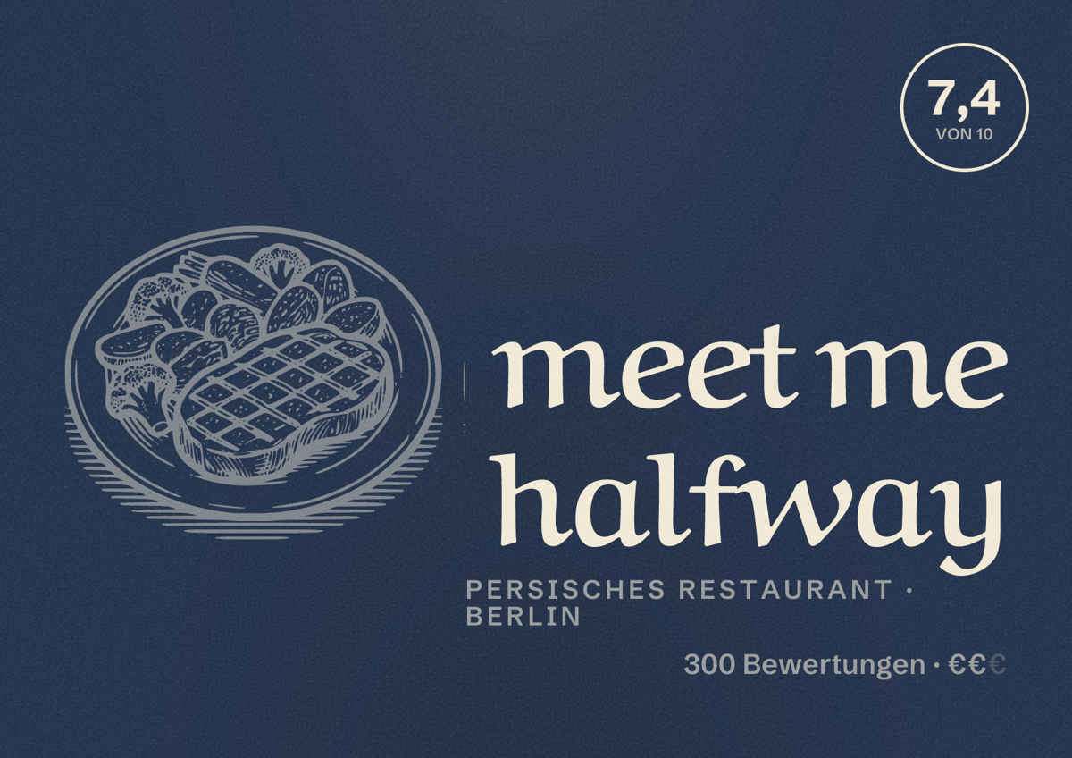 Illustriertes Poster von meet me halfway, Persisches Restaurant in Berlin: Bewertung 7,4 von 10 aus 300 Bewertungen, Preisniveau €€